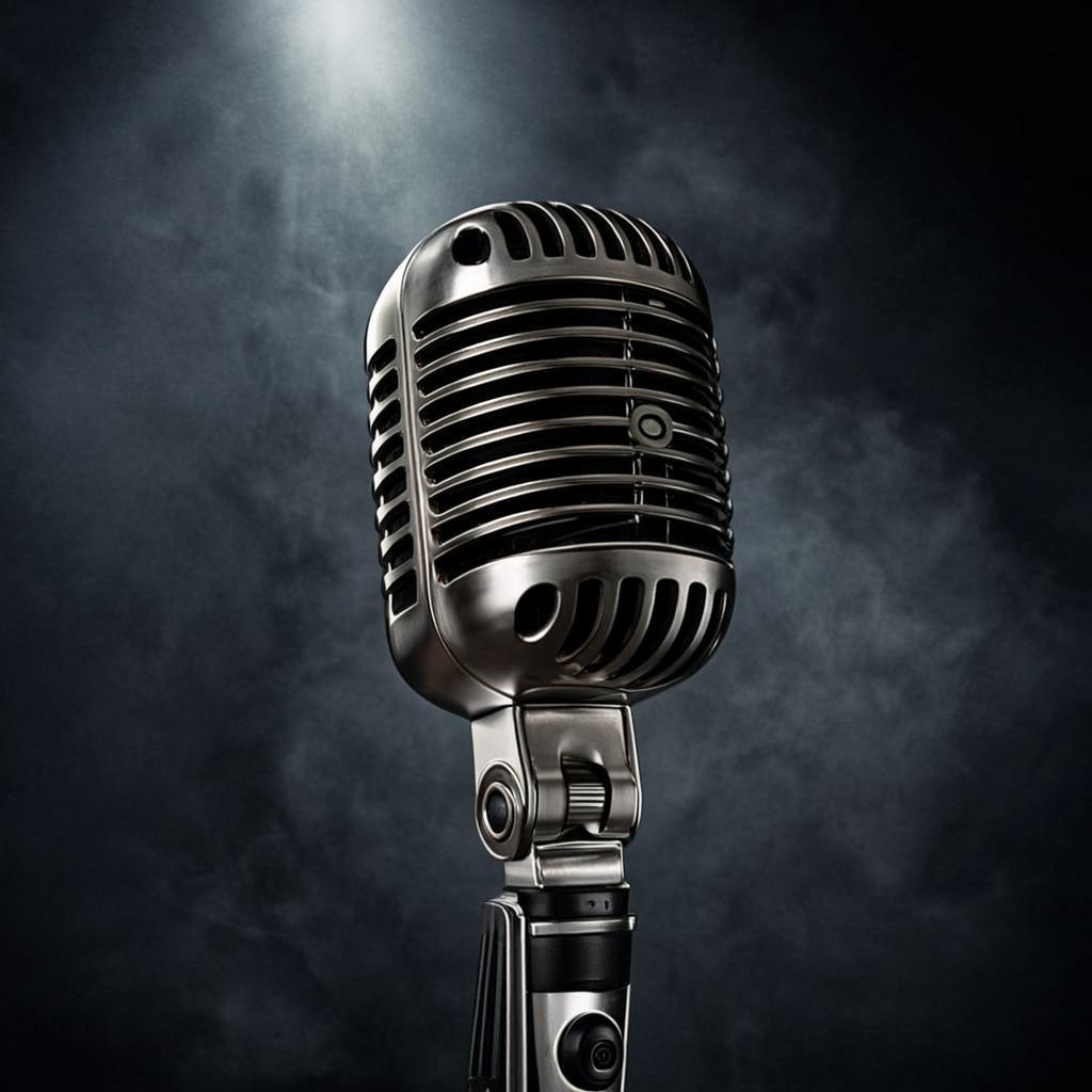Vintage chrome microphone in warm spotlight
