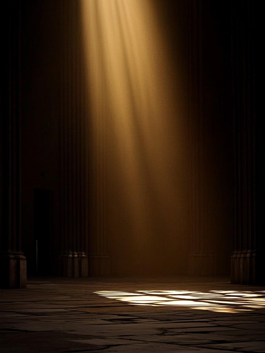 A single ray of warm golden light in a dark space