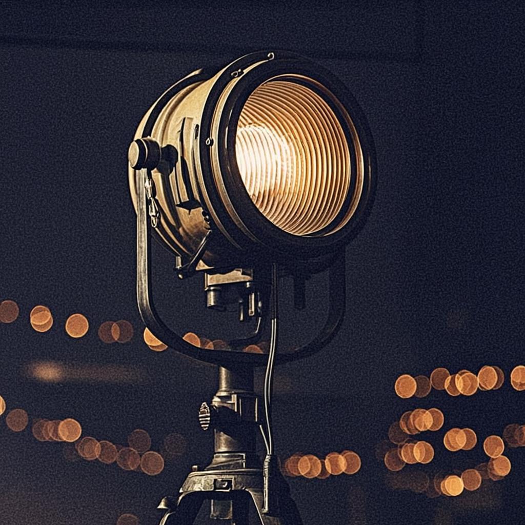 Vintage brass theatre spotlight in warm amber light